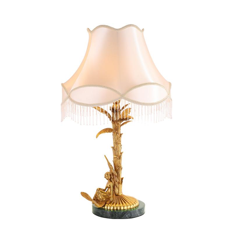 All-copper table lamp, French light luxury and elegant fabric living room lamp, bedroom pure copper bedside lamp, villa high-end decorative table lamp