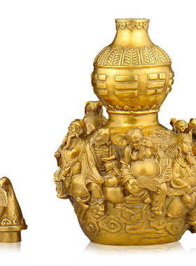 普生缘铜葫芦黄铜葫芦摆件八仙葫芦开盖空心开口葫芦八仙过海