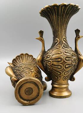 古玩杂项仿古铜花瓶古玩收藏黄铜孔雀花瓶摆件工艺品