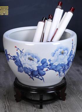 景德镇陶瓷手绘青花瓷摆件书房字画缸书画缸庭院寺庙睡莲荷花大号