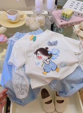 2026新款防晒冰袖女款夏季女童套装纯棉蕾丝拼接袖立体卡通印花T