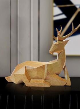 创意卧姿仿木纹几何形状麋鹿摆件一鹿平安家居客厅装饰树脂工艺品