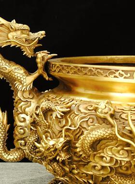 黄铜双龙香炉摆件家居客厅玄关佛堂供奉用品金属装饰桌面工艺品