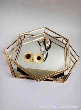 金属j镜面托盘后现代欧式样板房别墅酒店会所摆件异形金色铁艺