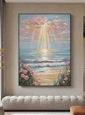 海景手绘油画粉色玫瑰玄关装饰画大芬村现代简约曙光客厅沙发挂画