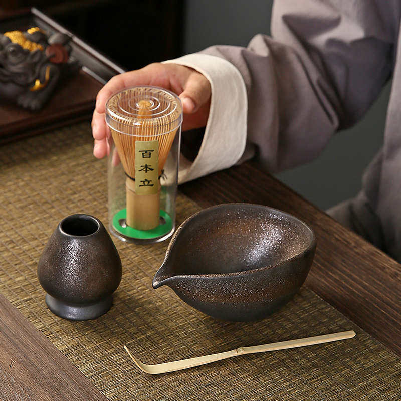 Coarse pottery matcha bowl, Japanese matcha tea set, tea whisk, bamboo matcha brush, hundred books, Song Dynasty tea ceremony
