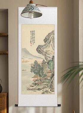 张大千水墨荷花卷轴挂画书房茶室玄关国画中式彷古花鸟客厅装饰画