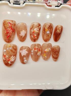 云饰纯手工穿戴甲手绘国风锦鲤荷花轻奢高级感显白穿戴甲国风