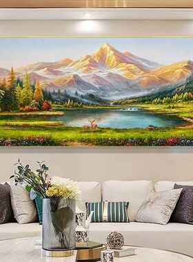 金山挂画油画青绿西墙靠山家有聚财客厅八方招聚宝盆背景沙发山水
