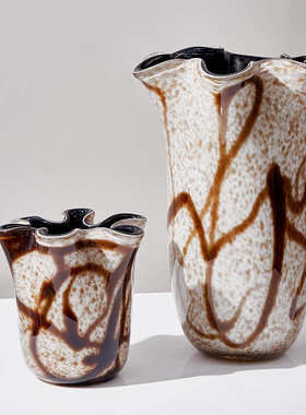 现代简约棕色不规则条纹大口琉璃花瓶创意轻奢样板间装饰轻奢风