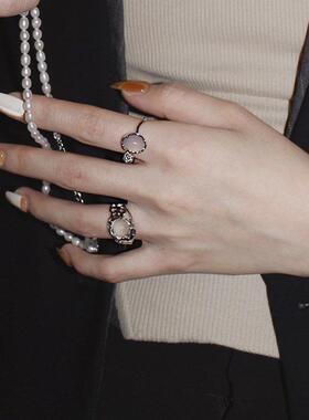 韩版S925镀银气质仿玉石戒指女复古时尚嘻哈镂空花朵开口开口指环