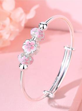 高档纯桃花银手镯女年999银手环三三世实心足银轻款镯子2生024新