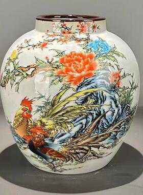 高档彷古玩清代光绪年制豆花粉彩瓶青釉品紫边坛茶叶罐家居装饰收