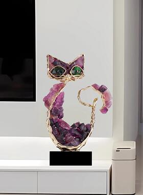 紫水晶幸运猫饰品可访问豪华高端样板房客厅展示柜现代可爱乔迁装