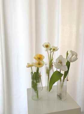 高档仓处理清插花摆件金属手提竖纹玻璃花瓶轻装奢现代家小居软样