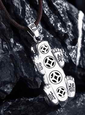 990纯银进财貔貅吊坠项链男 复古个性 潮流男投影财神爷