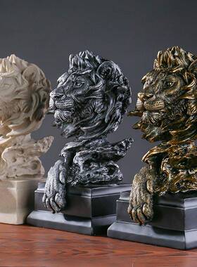 美式复狮子古子动物仿铜狮头像树脂工装品摆件玄艺关公室酒柜软装