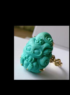 天然原矿绿松石九尾狐戒指18k金镶嵌凤九戒指小狐狸指环规格19*14