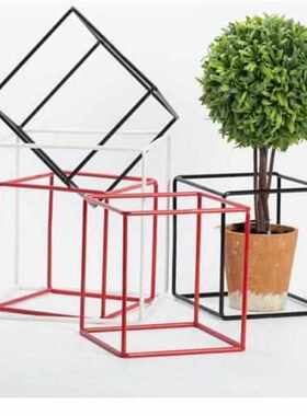 铁丝几何立方体正方体形 简约软装装饰品摆件中式方形框架铁艺