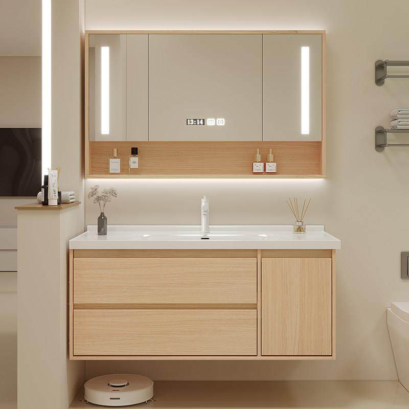 原木色浴室柜现代简约智能洗脸盆柜组合陶瓷一体洗漱台浴柜组合,淘宝优惠券,粉丝福利购,淘宝优惠卷