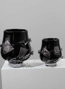 轻奢现代极简黑色玻璃花瓶样板间售楼处客厅餐厅黑色缠丝插花器皿