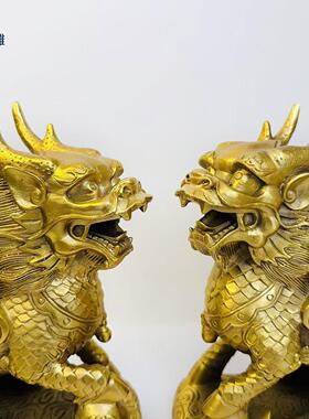铜麒麟摆件一对纯黄铜麒麟铜财富麒麟铜器工艺品礼品