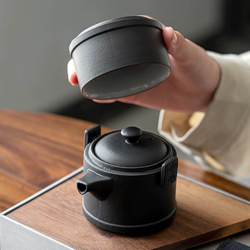 Black pottery portable national trend travel tea set personal special carry-on bag quick cup set outdoor teapot tea cup
