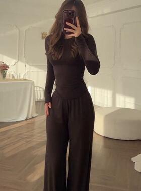 Loose elastic wide leg pants set for women