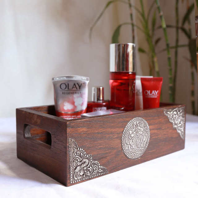 Thai storage box household desktop snacks cosmetics miscellaneous items sorting box solid wood fruit plate retro storage box