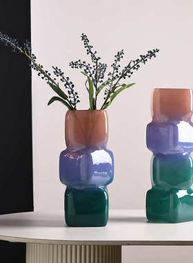 渐变彩色几何方块花瓶中古风餐桌软装酒店电视柜台面装饰玻璃摆件