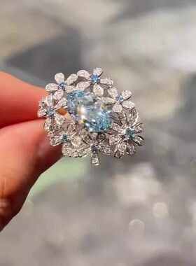 2026精致人造椭圆蓝色钻克拉戒指彩镶嵌锆石指环轻奢级感优雅指环