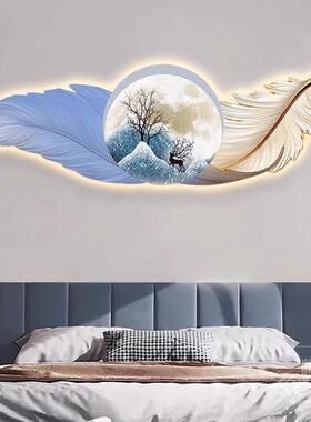 壁灯天鹅床头画卧室装饰画轻奢高级感客厅挂画主卧羽毛灯光画壁画