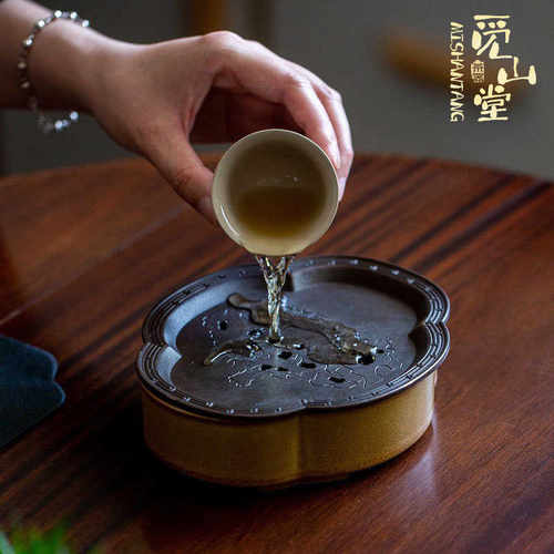 高足旧炮做台盘干茶盘复古壶黄铜功夫太湖石水茶茶具拖瓷壶陶承醋 - 图2