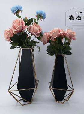 新中式几何金属花瓶摆件客厅玄关餐桌装饰品电视柜花器轻奢风铁艺