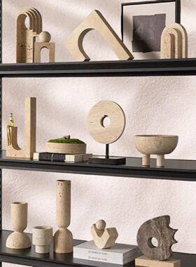 礼创意几何黄洞石桌面摆件侘寂风板房厅装饰高样级摆件感天然石工