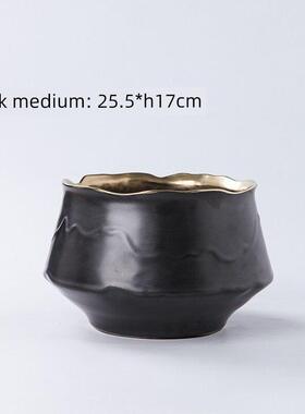 现代简约黑白内金陶瓷花瓶花盆装饰家居客厅餐桌插花水果盘装饰