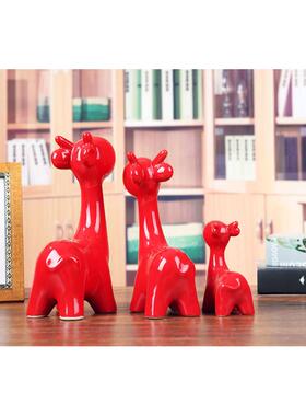 景德镇陶瓷装饰工艺礼品摆饰家居客厅电视柜摆件喜庆红色长颈鹿婚
