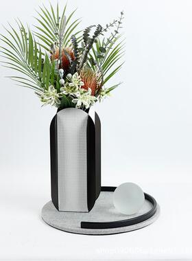 现代家居装饰皮革金属花器托盘摆件样板间软装饰品客厅卧室插花瓶