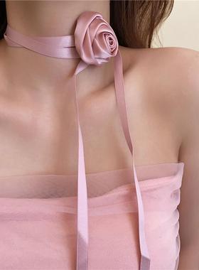 玫瑰花超仙复古氛围缎面项链项链