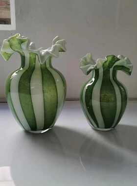 手工制作琉璃花瓶中古风苔绿奶油白六条纹芬顿美人瓶插花玻璃花器