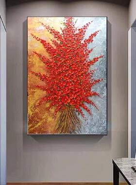网红玄纯手挂绘油画红色发财树现轻奢装饰画抽象饭厅画寓意代好关