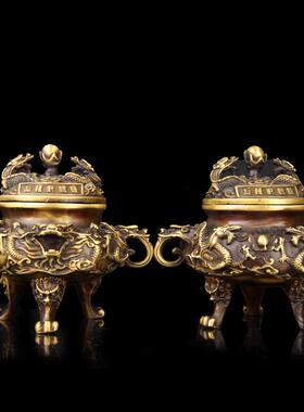 素器黑铜九转干坤鼎饰铜香炉饰铜双龙炉饰