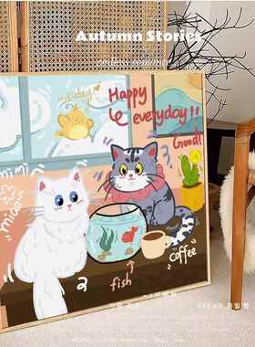 原木奶油风客厅装饰画桌面摆画多巴胺猫咪挂画ins卧室床头柜壁画