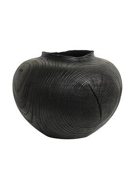 侘寂风纯手工大花瓶黑色炭化木质大漆花器茶空间民宿高级感摆件