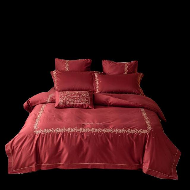 High-end wine red wedding velvet cotton four-piece set light luxury style cotton embroidered quilt cover wedding wedding bed sheets bedding products
