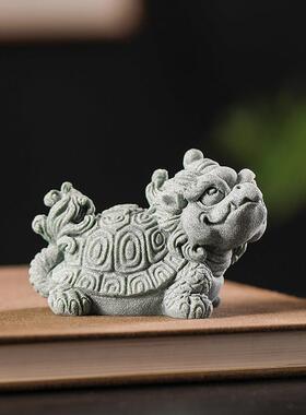 青砂石龙龟摆件中式招财瑞兽石雕桌面茶宠茶玩沉水鱼缸造景装饰品
