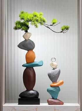 新中式型玄造景关石来摆运转石来运转花瓶件客厅迎客松大装饰乔迁