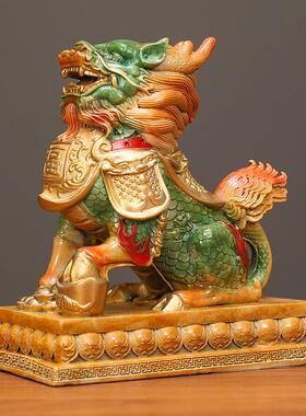 有底件麒财福一麟黄铜麒麟对踩元宝福球瑞兽摆客厅办BPT公室桌面