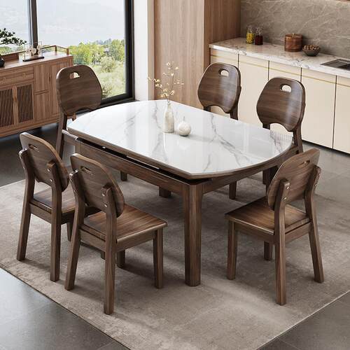 北美胡桃木岩板实木餐桌家用小户型可伸缩折叠现代简约可变圆桌 - 图3