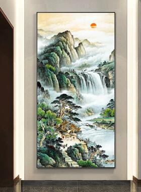 流水生财玄关装饰画靠山图八方来财旭日东升东墙山水画聚财风水画